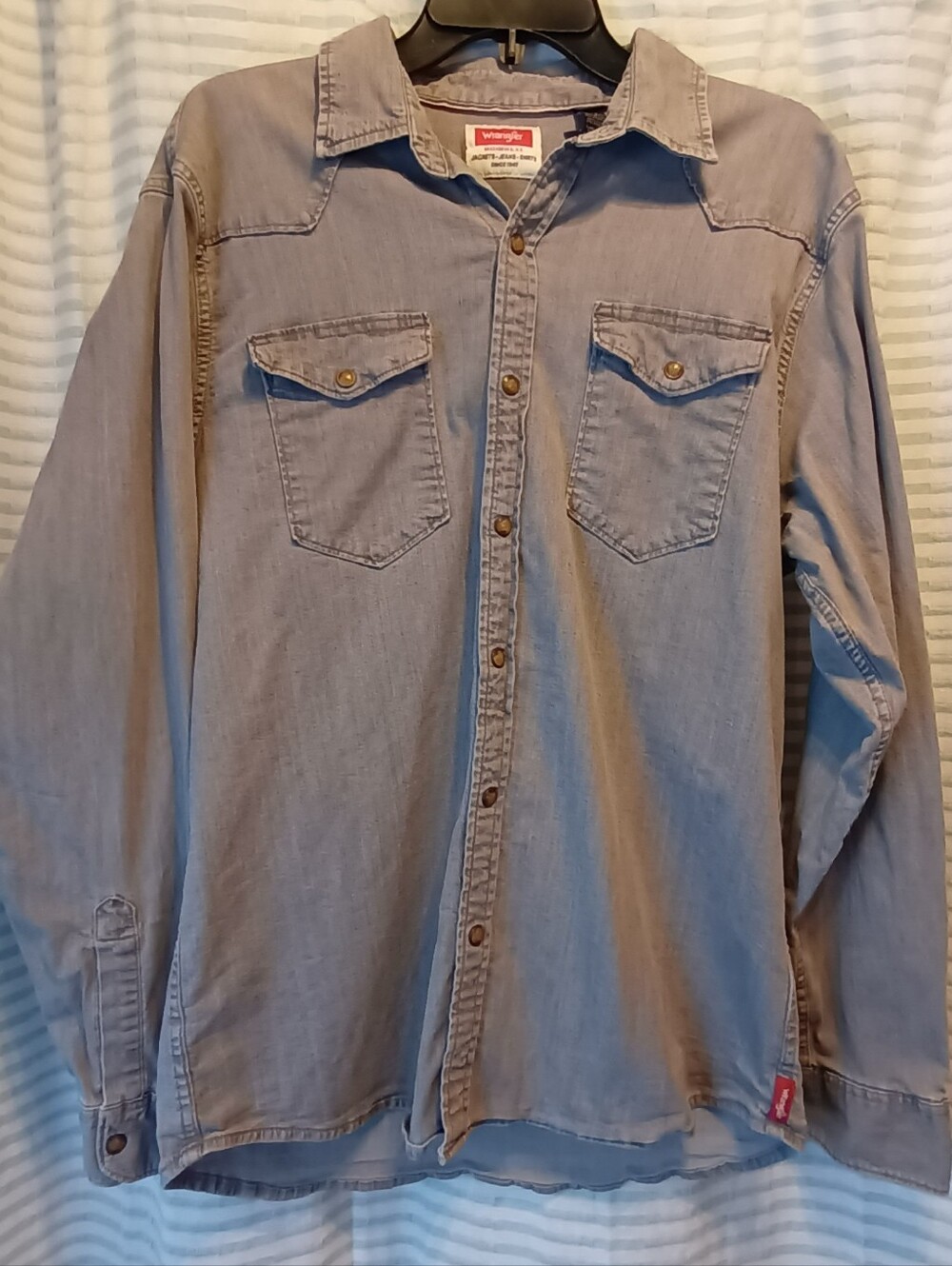 Wrangler Men's Gray Denim Western Button-Front Shirt Pearl Snaps Size Large